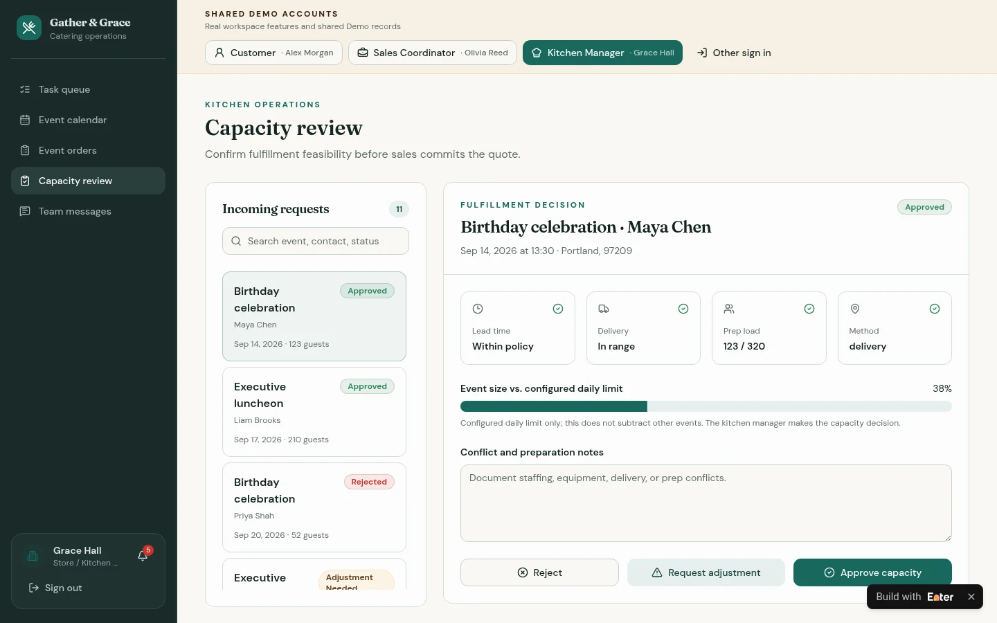 Example result: The kitchen reviews lead time, fulfillment method, and prep load, then approves, requests an adjustment, or rejects.