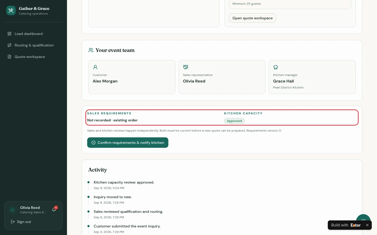 Example result: Sales confirmation and kitchen approval are recorded separately. Both must be updated before a new quote can be prepared.