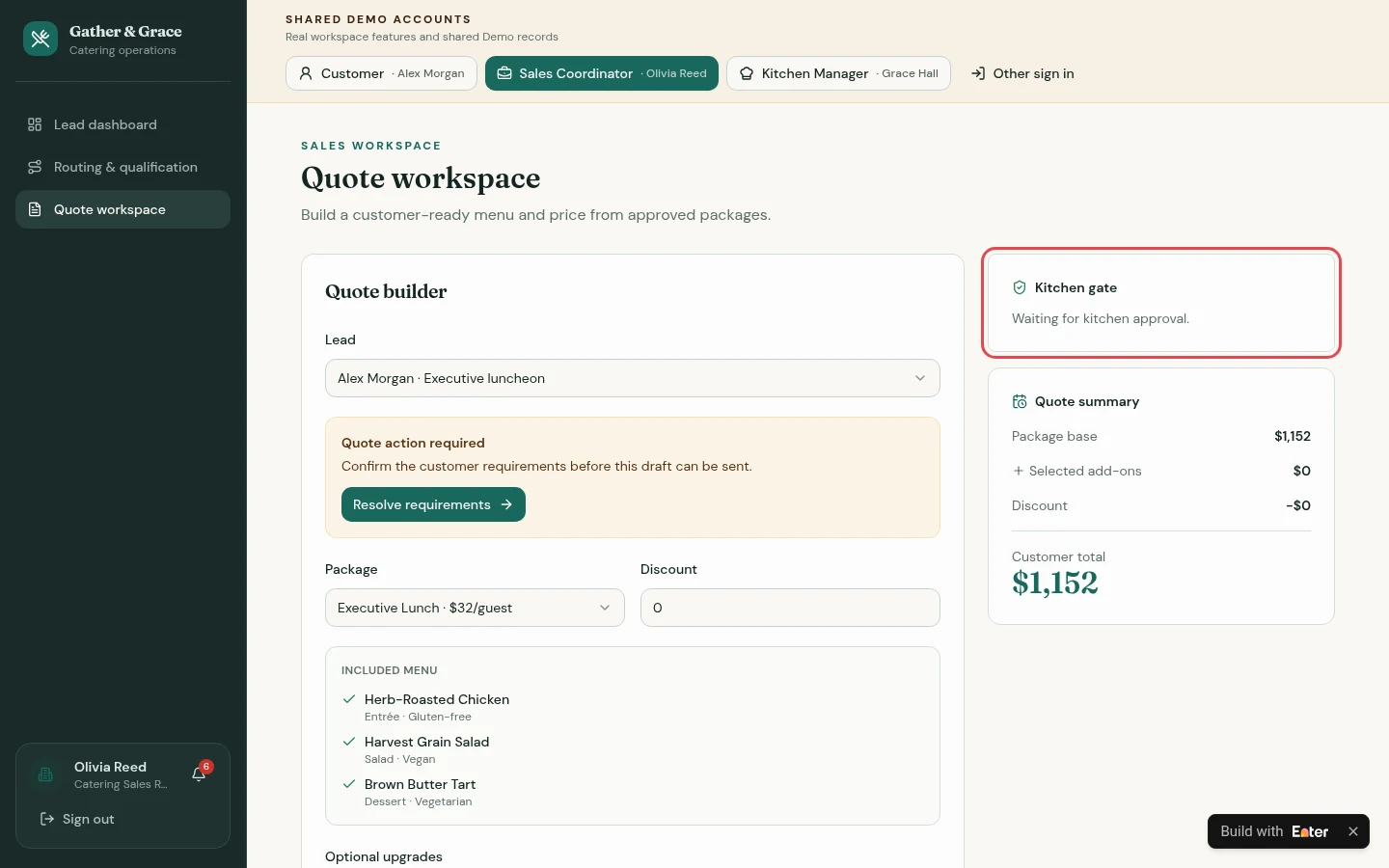 ⑤ Quote workspace: The quote totals $1,152. Sending remains blocked until requirements are confirmed and Kitchen gate clears.