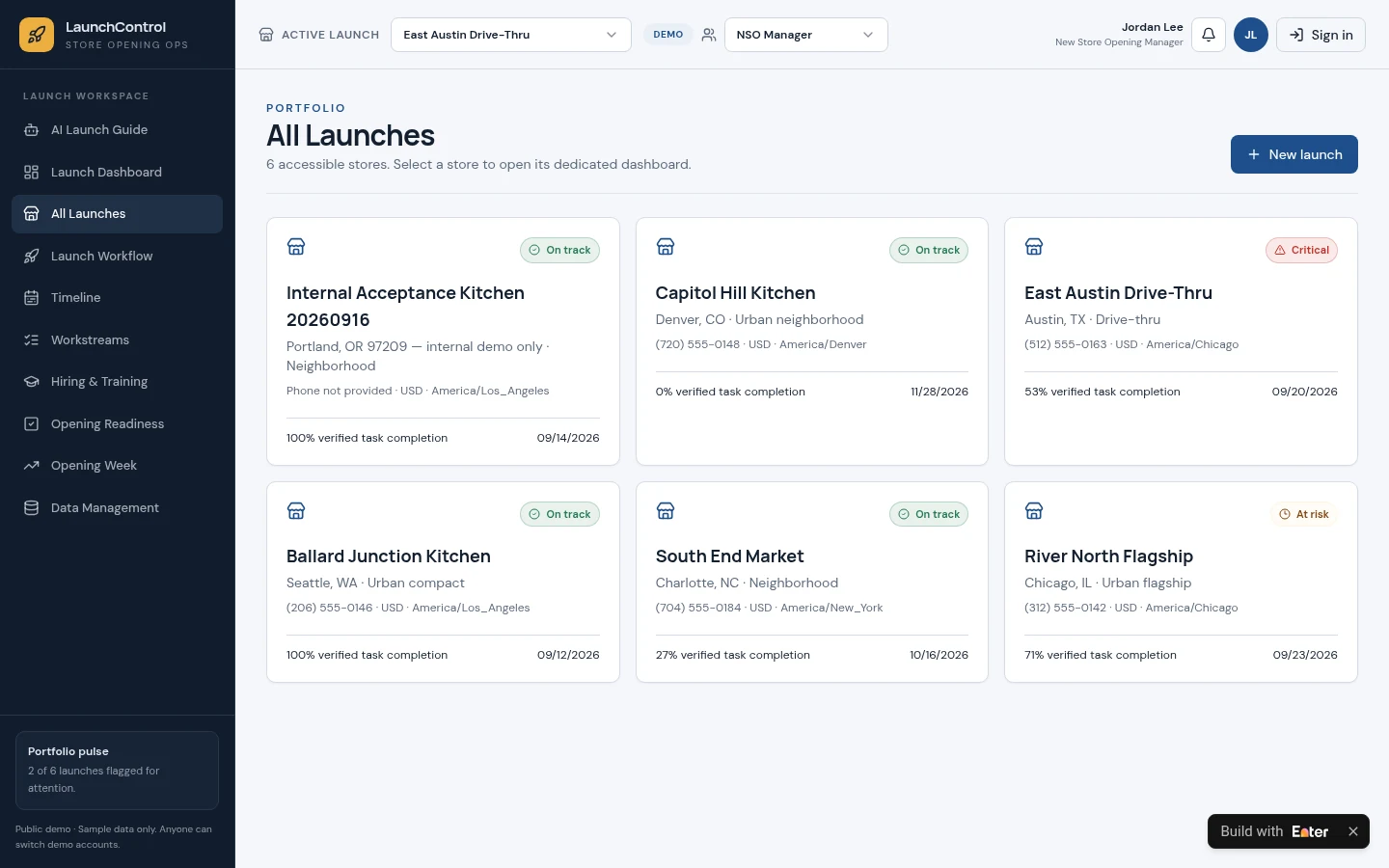 Application preview after the build: The opening list for multiple new stores and the main business modules.