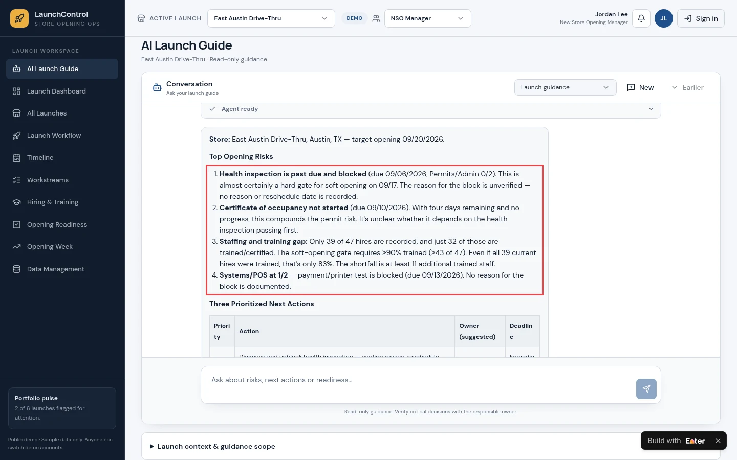 ② AI Launch Guide: The assistant reads current data to suggest risks and actions. Confirm critical decisions with the responsible people.