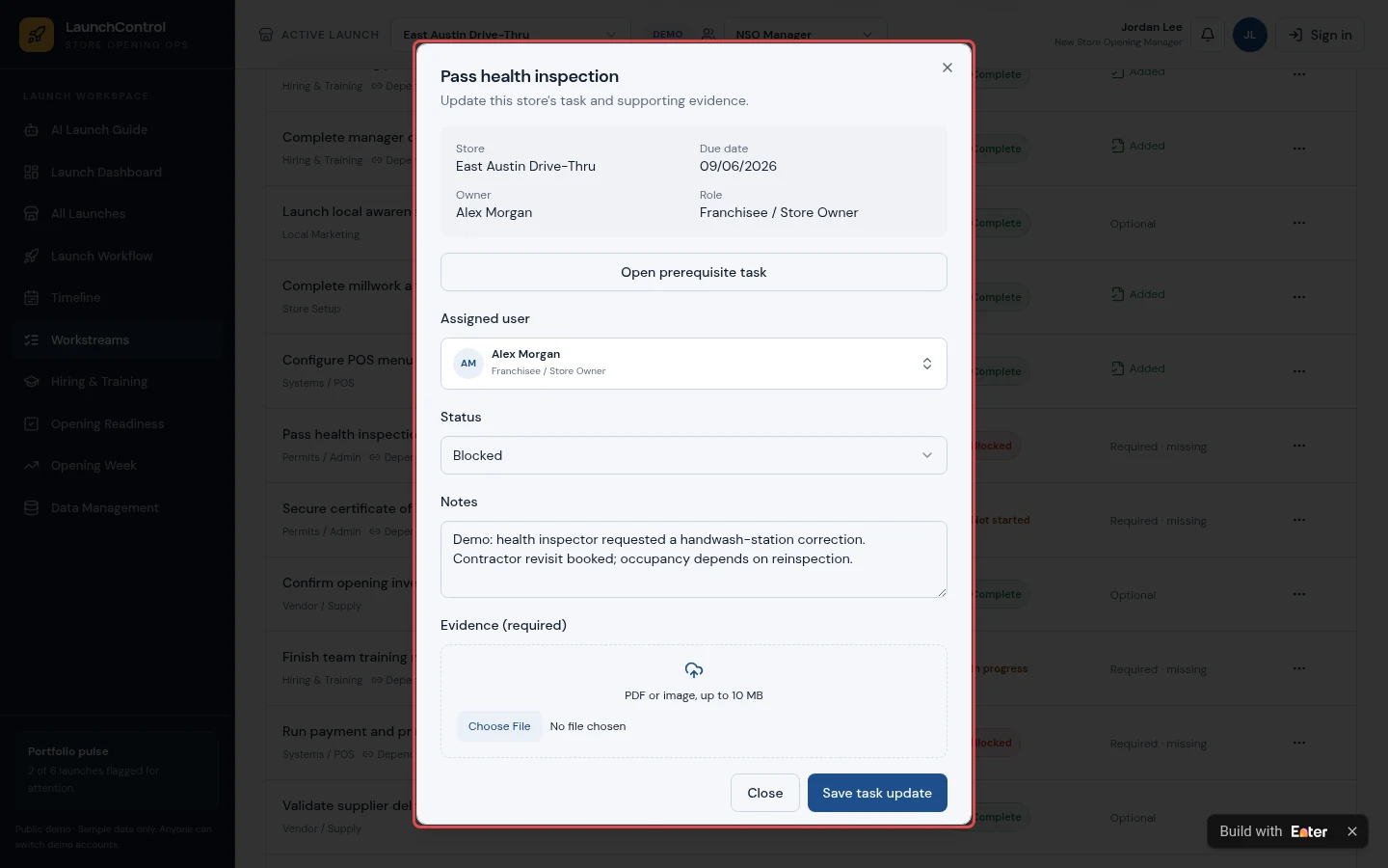 ③ Workstreams: Follow the same health inspection through its owner, deadline, blocker, and required evidence.