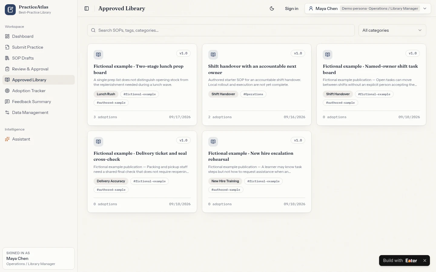 Application preview after the build: The published SOP library and the main business modules.